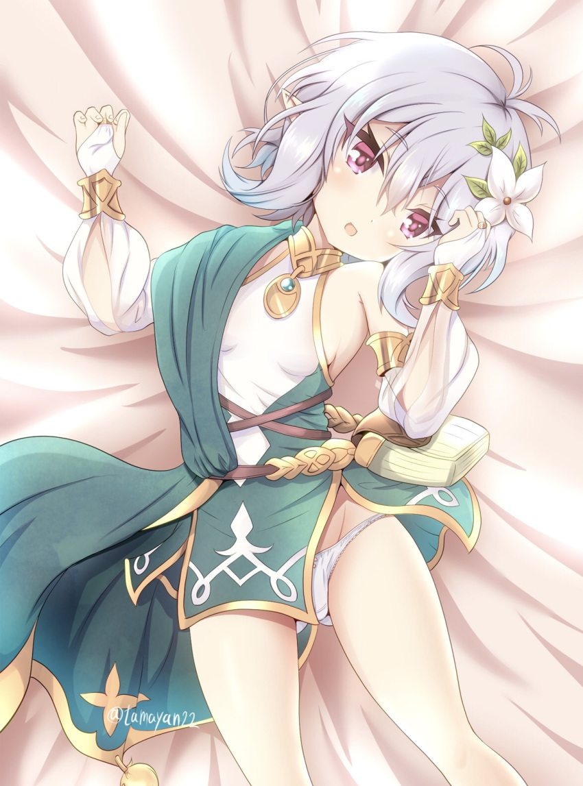 1girl :d antenna_hair bangs bare_shoulders bed_sheet blush bow bow_panties breasts bridal_gauntlets commentary_request detached_sleeves dress eyebrows_visible_through_hair fingernails flower green_dress hair_between_eyes hair_flower hair_ornament hands_up highres kokkoro_(princess_connect!) long_sleeves lying on_back open_mouth panties pink_eyes princess_connect! princess_connect!_re:dive puffy_long_sleeves puffy_sleeves see-through see-through_sleeves silver_hair sleeveless sleeveless_dress small_breasts smile solo tamayan twitter_username underwear white_flower white_panties