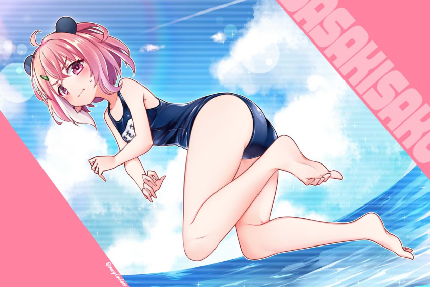 1girl ahoge ass bangs bare_shoulders blush border breasts character_name closed_mouth cloud commentary day earrings feet full_body hair_ornament hairclip jewelry jumping looking_at_viewer misato_nagi nijisanji octopus outdoors pink_border pink_eyes pink_hair sasaki_saku school_swimsuit small_breasts smile solo sun_flare sweatdrop swimsuit twitter_username virtual_youtuber water