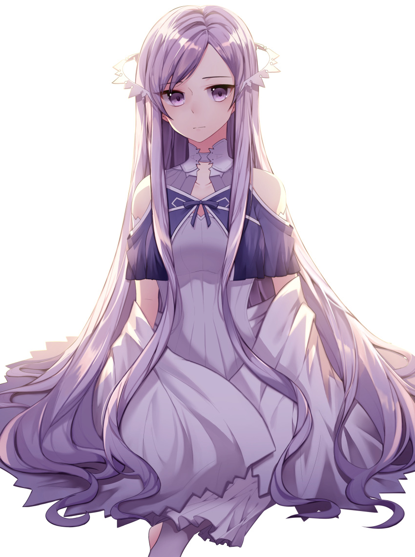 1girl absurdres bangs bare_shoulders breasts choker dress eyebrows_visible_through_hair frown highres large_breasts long_hair looking_at_viewer purple_eyes purple_hair quinella ribbon simple_background solo sword_art_online very_long_hair white_background white_choker white_dress yeorem