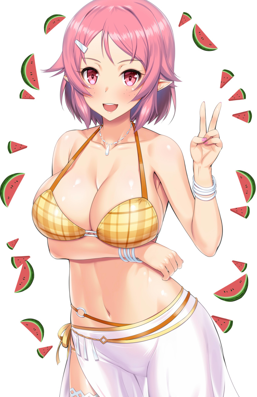 1girl bare_shoulders bikini blush bracelet breasts cleavage eyebrows_visible_through_hair food fruit hair_ornament highres jewelry kawase_seiki lisbeth lisbeth_(sao-alo) looking_at_viewer nail_polish necklace open_mouth pink_eyes pink_hair pink_nails pointy_ears short_hair simple_background solo swimsuit sword_art_online v watermelon white_background yellow_bikini