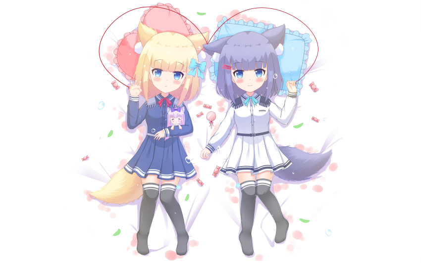 2girls absurdres animal_ear_fluff animal_ears bangs bed_sheet black_legwear blonde_hair blue_bow blue_eyes blue_shirt blue_skirt blunt_bangs blush bow breasts candy candy_wrapper character_doll character_request closed_mouth collared_shirt commentary_request doll_hug dress_shirt epaulettes eyebrows_visible_through_hair food frilled_pillow frills hair_bow hair_ornament hairclip hand_up heart heart_pillow highres liang_feng_qui_ye lollipop long_sleeves multiple_girls no_shoes pillow pleated_skirt purple_hair red_string rukiroki sasugano_roki sasugano_ruki shirt skirt small_breasts smile string swirl_lollipop tail thighhighs white_shirt white_skirt