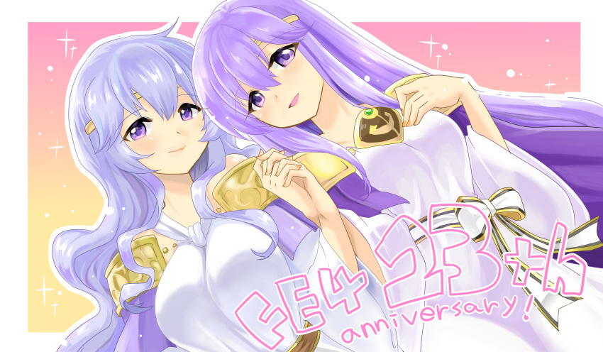 2girls absurdres anniversary circlet closed_mouth diadora_(fire_emblem) dress fire_emblem fire_emblem:_seisen_no_keifu highres holding_hands mother_and_daughter multiple_girls open_mouth parted_lips purple_eyes purple_hair upper_body yukia_(firstaid0) yuria_(fire_emblem)