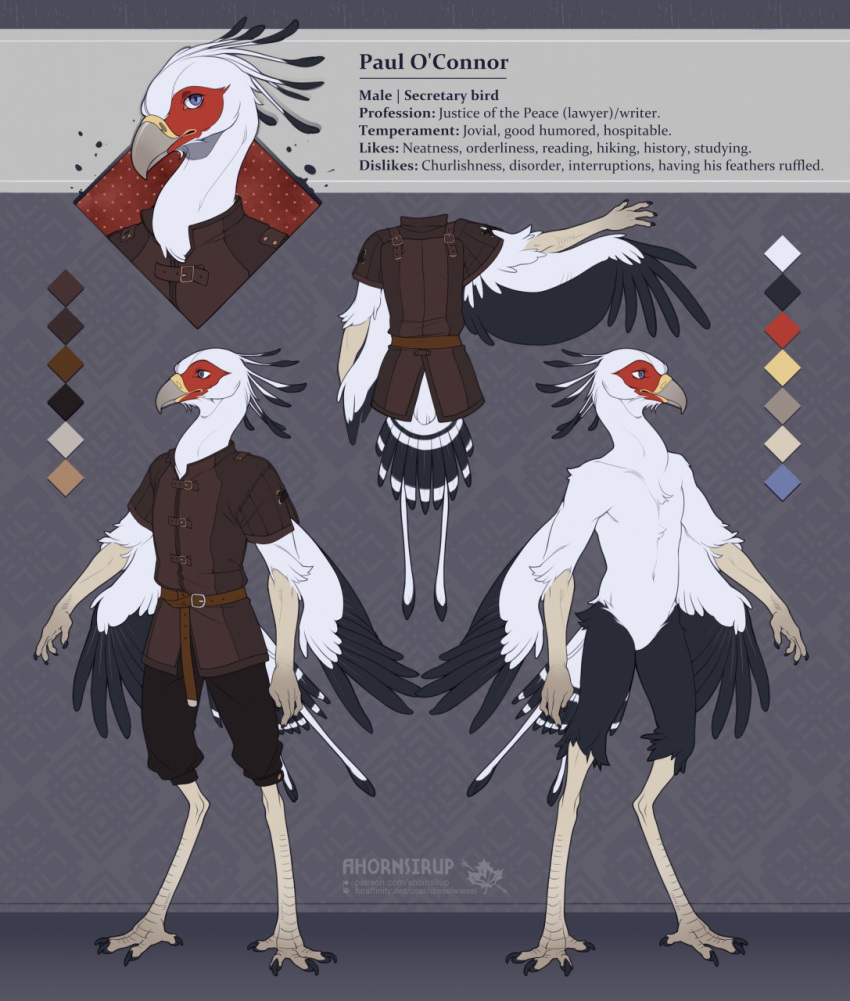 accipitriform anthro avian barefoot beak bird blue_eyes chest_tuft claws clothed clothing diesel_wiesel digitigrade facial_markings feathered_wings feathers featureless_crotch furgonomics hi_res looking_at_viewer male markings mask_(marking) model_sheet nude secretary_bird solo toe_claws tuft wings