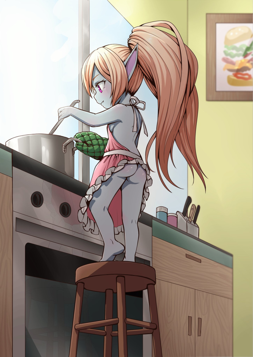 apron apron_only blonde_hair blue_fur breasts burger clothing cooking_pot food fur hair hi_res knife league_of_legends mostly_nude nickbeja oven_mitt poppy_(lol) purple_eyes riot_games side_boob stove video_games yordle