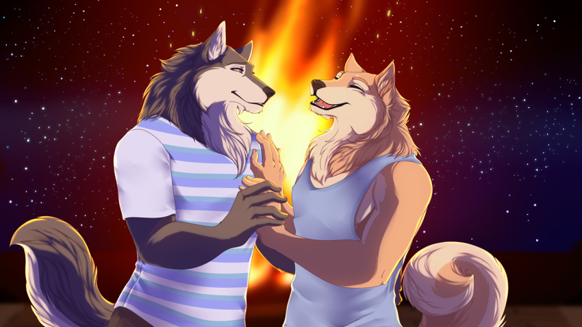 16:9 2019 anthro canid canine canis clothed clothing dancing duo eyes_closed fire fur game_(disambiguation) invalid_tag laugh male male/male mammal muscular muscular_male nyaruh open_mouth shirt shoichi_urata smile standing t-shirt tennis_ace topwear visual_novel wolf yuuichi_michimiya