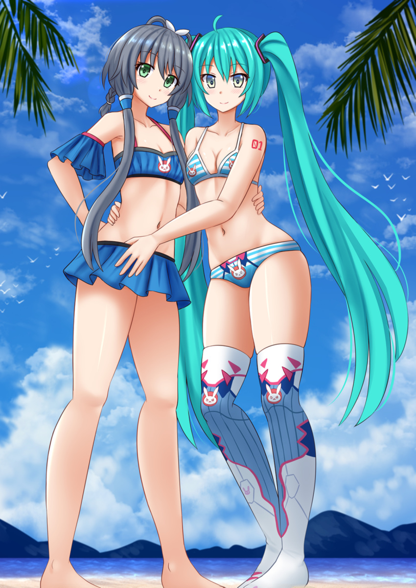 2girls ahoge bangs bare_arms bare_legs bare_shoulders barefoot beach bikini black_hair blue_bikini blue_legwear blue_sky blush braid breasts cleavage closed_mouth cloud cloudy_sky collarbone commentary commission day english_commentary eyebrows_visible_through_hair green_eyes green_hair hair_between_eyes hair_ornament hair_ribbon hand_on_another's_waist hand_on_hip hatsune_miku highres kazenokaze long_hair low_twintails luo_tianyi mountain multiple_girls navel outdoors palm_tree ribbed_legwear ribbon sand sky small_breasts smile standing striped striped_bikini swimsuit thighhighs tree twintails very_long_hair vocaloid vocanese water white_ribbon