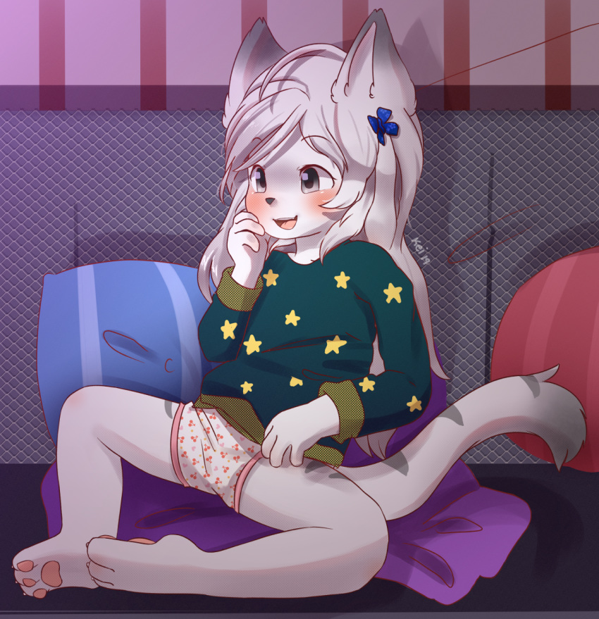 2019 alternate_version_at_source anthro auvere blush clothed clothing cub digital_media_(artwork) felid feline female fubuki_reikon fur hair hairclip hi_res mammal open_mouth panties pillow simple_background sitting solo spread_legs spreading tongue underwear young