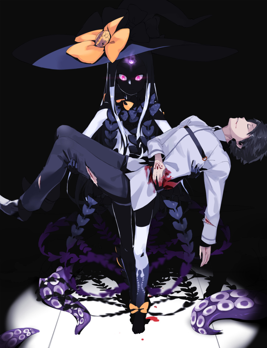 1boy 1girl abigail_williams_(fate/grand_order) ankle_ribbon black_hair blood blood_from_mouth blood_splatter bloody_clothes carrying command_spell commentary_request deep_wound fate/grand_order fate_(series) fujimaru_ritsuka_(male) glowing glowing_eyes hat highres holding_another injury lavender_hair long_hair long_sleeves pale_skin partial_commentary princess_carry revealing_clothes ribbon shaded_face short_hair spotlight standing tentacles third_eye usuaji very_long_hair witch_hat