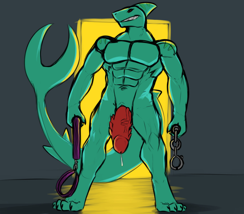 8:7 animal_genitalia big_penis collar colored_sketch dahurgthedragon doorway dripping fish genital_slit green_scales handcuffs hi_res holding_object inside male marine markings muscular muscular_male navel penis precum purple_collar red_penis scales scalie shackles shark simple_background sketch slit smile solo standing stripes vein veiny_penis