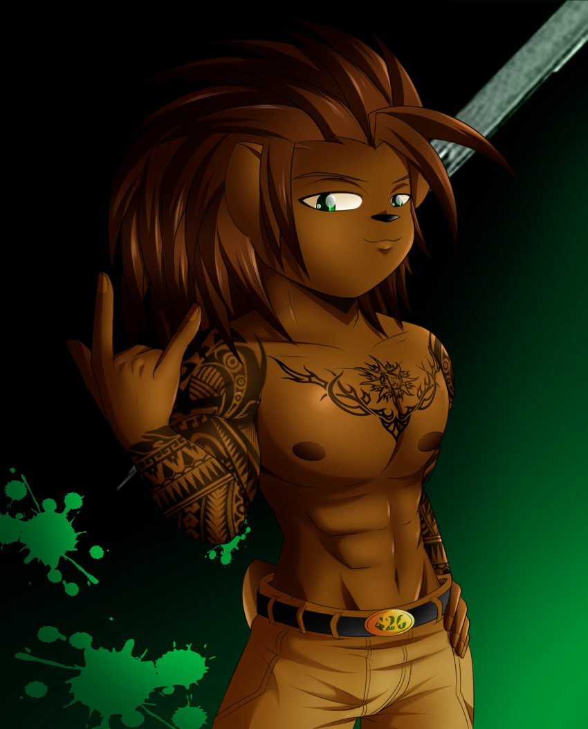 animal_strife brown_fur brown_hair clothed clothing drugs eulipotyphlan fire_conejo fur green_eyes hair hand_signal hedgehog hi_res invalid_tag male mammal marijuana muscular spikes tattoo topless