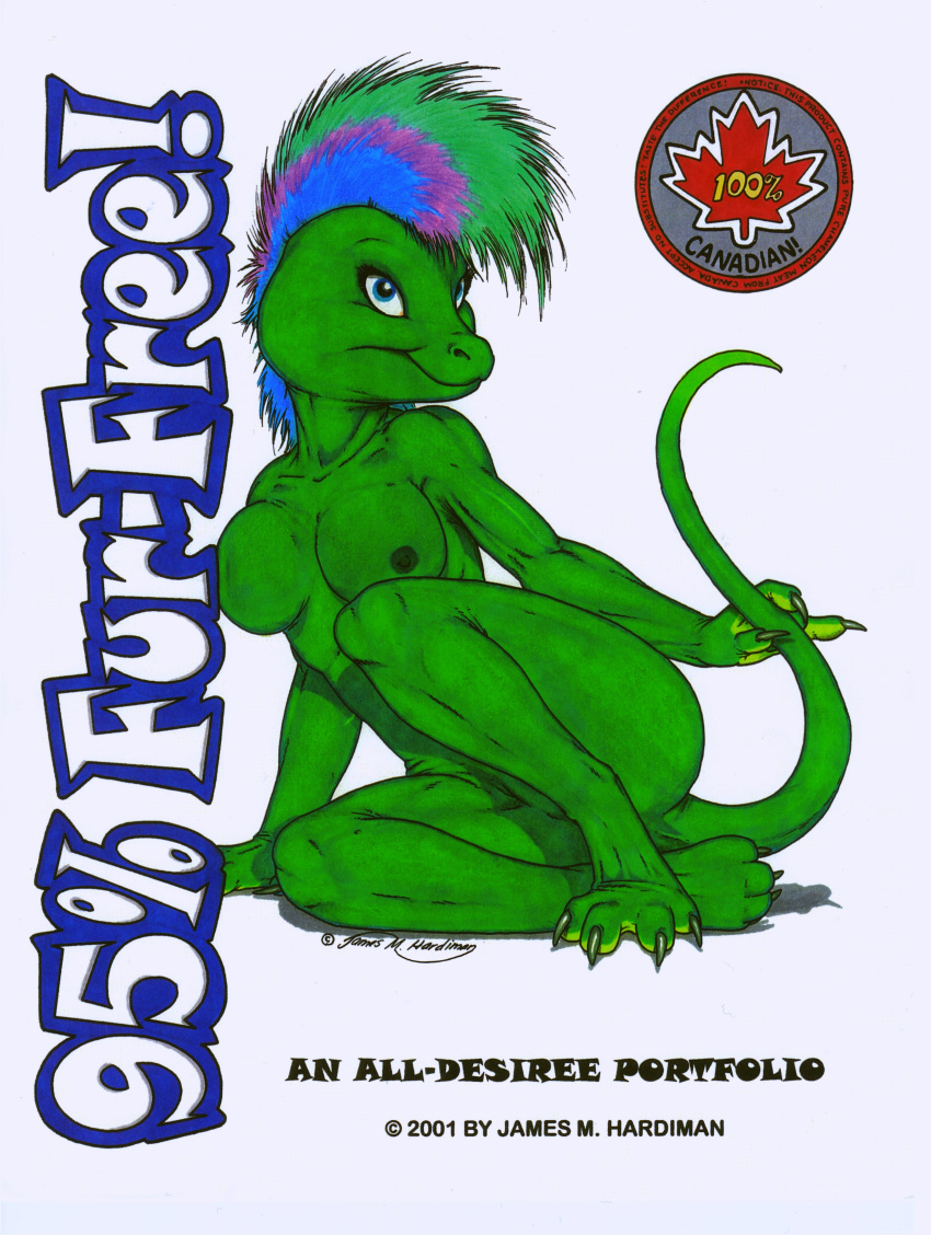 2001 absurd_res anthro blue_eyes breasts chameleon claws cover cover_page desiree_(jmh) female hi_res james_m_hardiman lizard nipples non-mammal_breasts nude pussy reptile scalie simple_background solo white_background