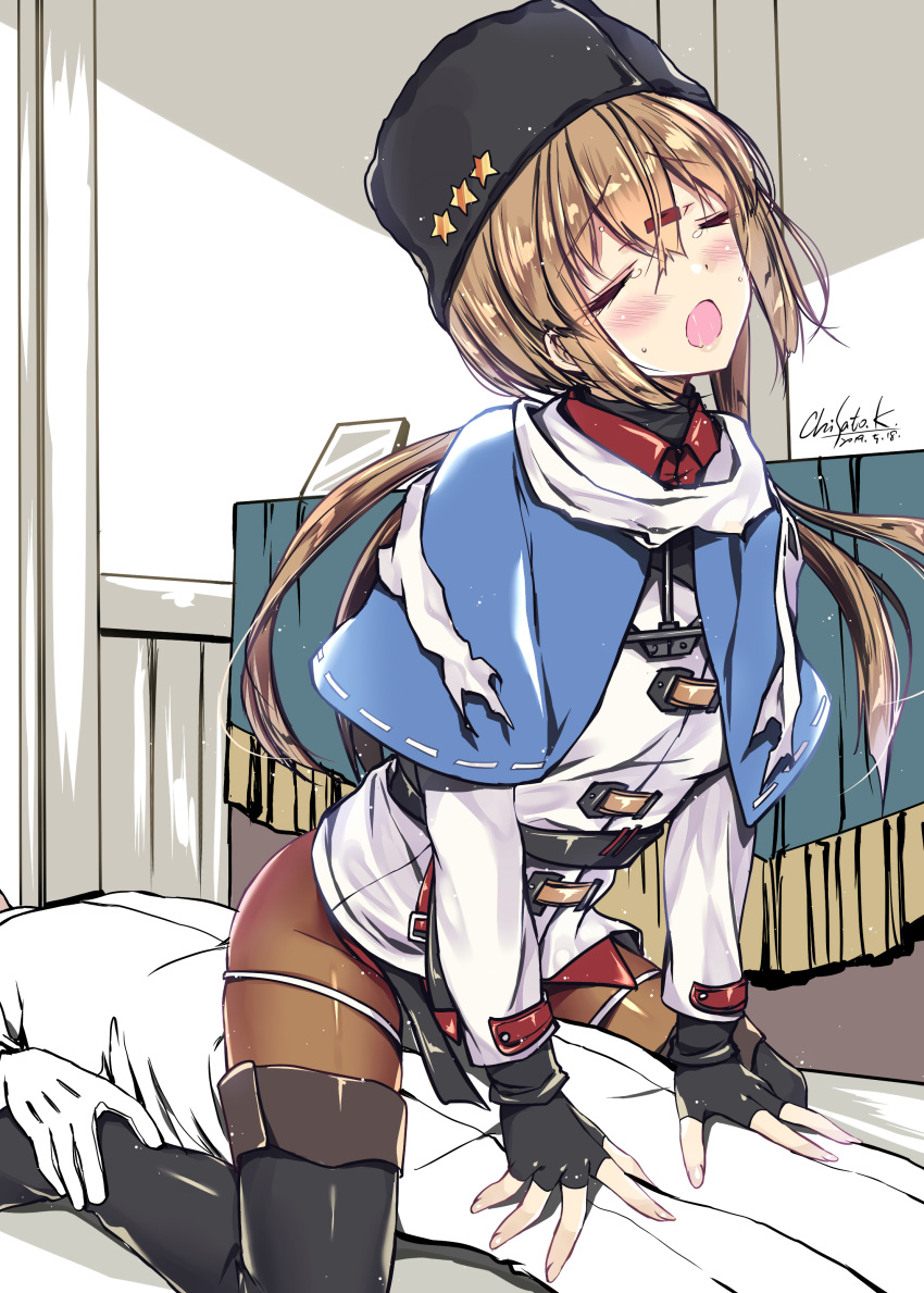 1boy 1girl :o absurdres admiral_(kantai_collection) all_fours black_footwear black_gloves black_headwear blue_capelet blush boots brown_hair brown_legwear capelet closed_eyes fingerless_gloves fur_hat girl_on_top gloves half-closed_eyes hat highres implied_sex kantai_collection kobayashi_chisato long_hair long_sleeves open_mouth pantyhose papakha shirt signature solo_focus star sweat tashkent_(kantai_collection) tears thigh_boots thighhighs uniform white_gloves white_shirt