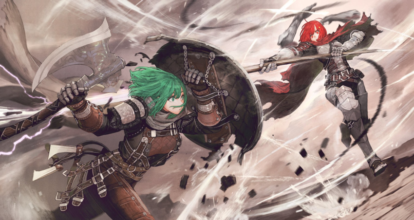 2girls angry armor armored_boots axe axe_(seojh1029) battle belt belt_pouch boots broken_shield chain cloak gauntlets green_eyes green_hair hair_ornament hairclip highres holding holding_weapon jun_(seojh1029) multiple_girls original plate_armor polearm pouch red_eyes red_hair rubble running scarf shield short_hair shoulder_armor spear spear_(seojh1029) torn_cloak torn_clothes two-handed weapon