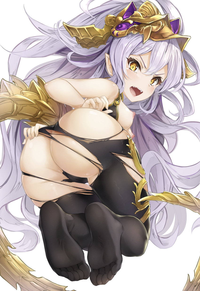 1girl absurdres ass blush breasts breasts_outside from_behind granblue_fantasy hair_between_eyes headpiece highres hyouta_(yoneya) lavender_hair long_hair looking_at_viewer looking_back medusa_(shingeki_no_bahamut) nipples open_mouth pantyhose pointy_ears red_eyes solo tail torn_clothes torn_legwear very_long_hair white_background