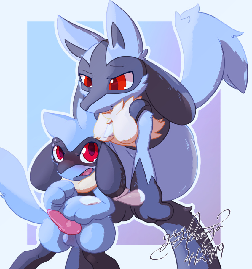 2019 3_toes balls bent_over blue_fur blush breasts canid canine digital_drawing_(artwork) digital_media_(artwork) duo ears_up embarrassed erection female fur gingy_k_fox hi_res knot lucario male mammal nintendo nude open_mouth penis pok&eacute;mon pok&eacute;mon_(species) raised_tail red_eyes riolu simple_background size_difference smaller_male toes video_games yellow_fur