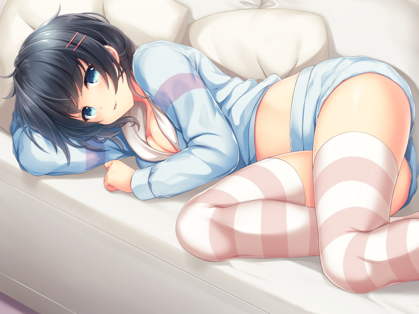 aqua_eyes black_hair breasts cleavage couch hoodie nametakenoko original pajamas short_hair shorts thighhighs zettai_ryouiki