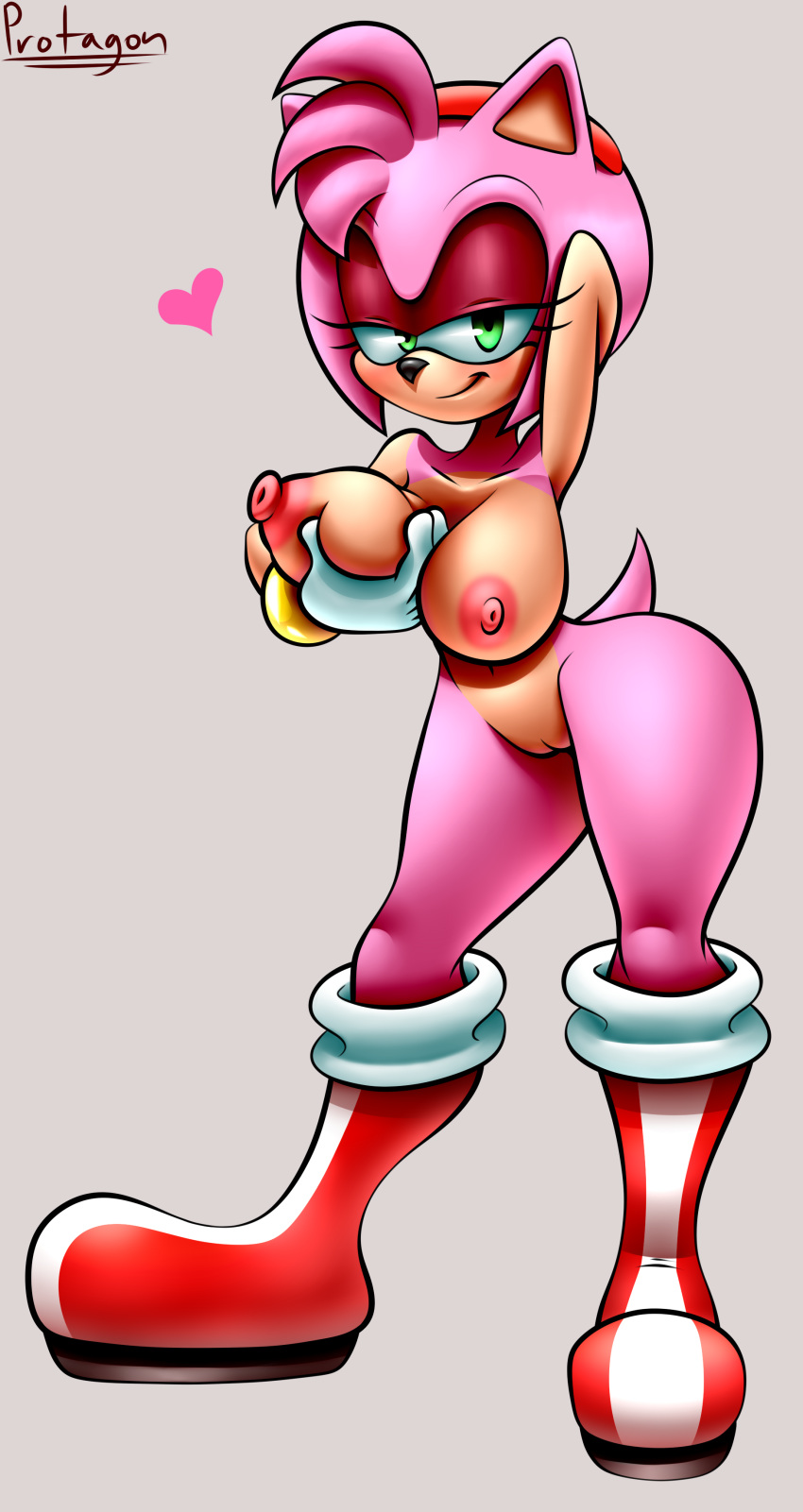 &lt;3 absurd_res amy_rose anthro arched_back areola bedroom_eyes big_breasts blush boots bracelet breasts clothing curvaceous eulipotyphlan eyelashes female footwear gloves green_eyes grey_background hairband half-closed_eyes hand_behind_head hedgehog hi_res holding_breast jewelry looking_at_viewer mammal mostly_nude navel nipples protagon pussy seductive simple_background small_waist smile solo sonic_(series) thick_thighs