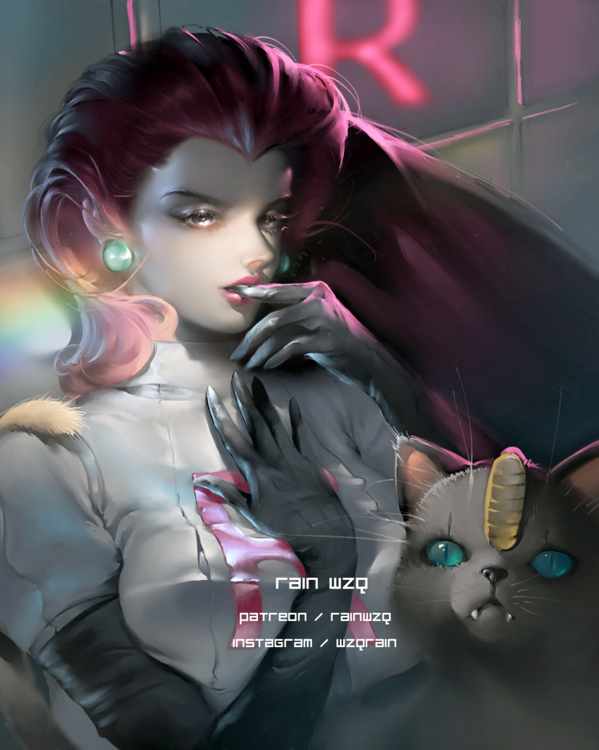 1girl artist_name big_hair biting black_gloves breasts cat earrings elbow_gloves eyelashes fangs fangs_out finger_biting finger_to_mouth gen_1_pokemon gloves hair_slicked_back hand_on_own_chest highres instagram_username jewelry lips long_hair looking_afar meowth musashi_(pokemon) nose patreon_username pokemon pokemon_(anime) pokemon_(creature) rain_wzq rainbow red_hair team_rocket_uniform upper_body