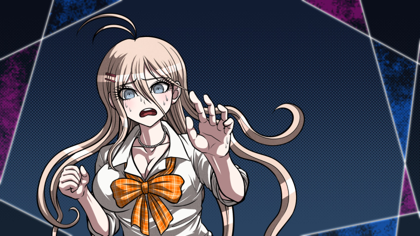 1girl antenna_hair blue_background blue_eyes breasts cleavage collarbone collared_shirt danganronpa eyebrows_visible_through_hair floating_hair hair_between_eyes hair_ornament hairclip iruma_miu jewelry large_breasts long_hair looking_at_viewer necklace new_danganronpa_v3 official_alternate_costume official_style open_mouth orange_neckwear plaid_neckwear school_uniform shiny shiny_hair shirt silver_hair sleeves_rolled_up solo sweatdrop very_long_hair wavy_mouth white_shirt wing_collar yumaru_(marumarumaru)