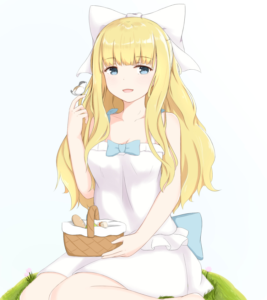 1girl alternate_costume bird blonde_hair blue_eyes bow charlotte_(fire_emblem_if) chirun0 dress fire_emblem fire_emblem_heroes fire_emblem_if grass hair_bow highres long_hair open_mouth picnic_basket simple_background sitting solo white_background white_bow white_dress