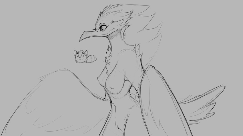 16:9 2018 ambiguous_gender anthro avian bird breasts chest_tuft duo female grey_background hair mammal monochrome naturally_censored navel nipples nude procyonid raccoon simple_background smile solo_focus tuft waddling_head watsup wings