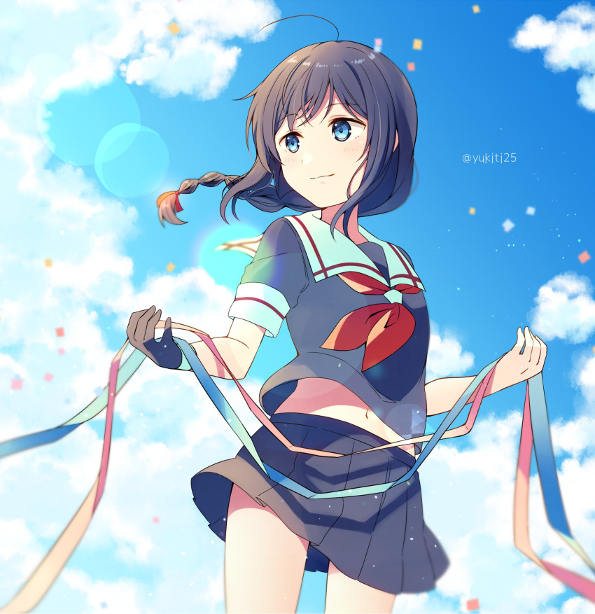 1girl ahoge artist_name black_hair blue_eyes braid cloud gloves highres kantai_collection navel school_uniform serafuku shigure_(kantai_collection) single_braid sky smile solo twitter_username yukichi_(eikichi)