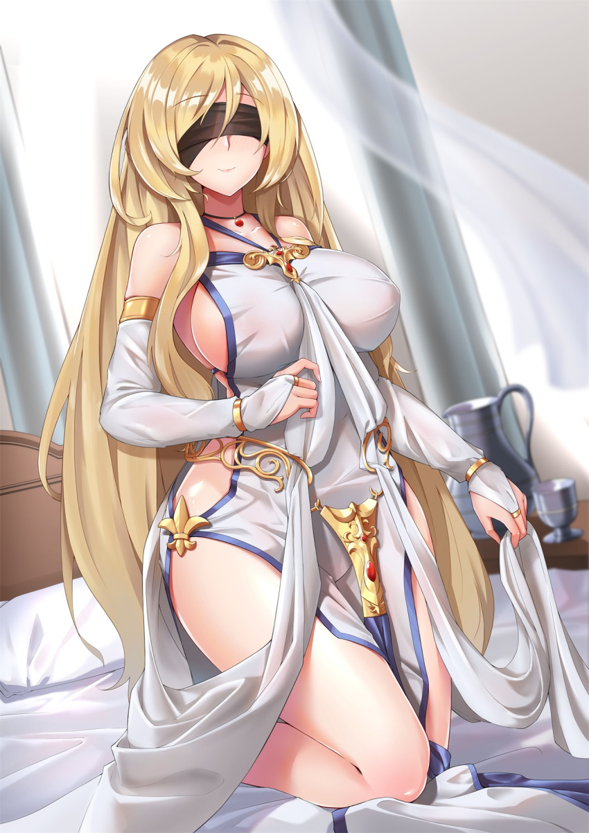 1girl bare_shoulders bed_sheet bedroom blindfold blonde_hair breasts curtains detached_sleeves dress goblin_slayer! highres hip_vent impossible_clothes jewelry kneeling large_breasts long_hair looking_at_viewer on_bed sideboob smile solo sword_maiden youl