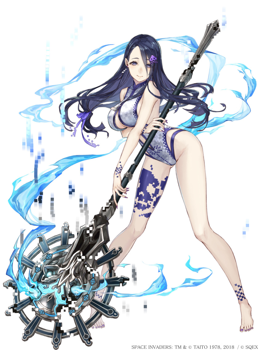 1girl absurdres barefoot blue_hair breasts center_opening eyebrows_visible_through_hair eyes_visible_through_hair fingernails full_body grey_eyes hair_ornament hair_ribbon hairclip highres ji_no kaguya_hime_(sinoalice) large_breasts long_hair looking_at_viewer nail_polish official_art pigeon-toed pixels ribbon sharp_fingernails sinoalice skull_print solo space_invaders staff swimsuit white_background