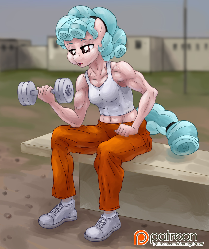 abs aged_up anthro anthrofied boob_freckles clothing cozy_glow_(mlp) curls dumbbell exercise freckles friendship_is_magic hi_res muscular my_little_pony patreon prison prison_uniform shirt shoulder_freckles sitting smudge_proof solo sweat tank_top topwear uniform weights workout