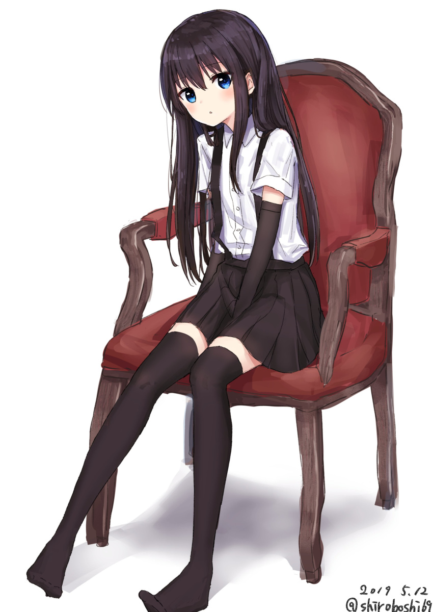 1girl absurdres arm_warmers asashio_(kantai_collection) black_hair black_legwear black_skirt blue_eyes chair dated eyebrows_visible_through_hair full_body gantan highres kantai_collection long_hair looking_at_viewer no_shoes pleated_skirt school_uniform shirt short_sleeves simple_background sitting skirt solo suspenders thighhighs twitter_username white_background white_shirt