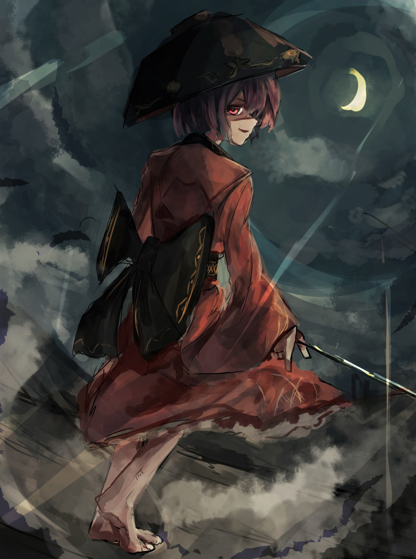 1girl absurdres barefoot black_sash bowl bowl_hat commentary_request crescent_moon dutch_angle from_behind full_body hat higasa_rin highres holding holding_needle japanese_clothes kimono long_sleeves looking_at_viewer looking_back moon night night_sky obi outdoors parted_lips pink_eyes profile purple_hair red_kimono sash short_hair sketch sky sleeves_past_wrists smile solo standing sukuna_shinmyoumaru touhou wide_sleeves wind