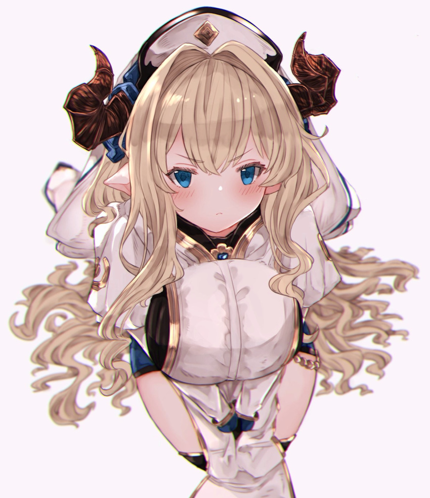 &gt;:( 1girl bangs blonde_hair blue_eyes blurry blush breasts cleavage commentary_request depth_of_field draph eyebrows_visible_through_hair eyes granblue_fantasy hair_between_eyes hair_over_shoulder highres large_breasts long_hair long_sleeves looking_at_viewer pelvic_curtain pointy_ears puffy_long_sleeves puffy_sleeves rastina rice_tea serious sidelocks thighs v-shaped_eyebrows v_arms veil very_long_hair wavy_hair white_background