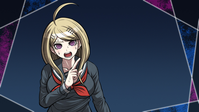 1girl ahoge akamatsu_kaede bangs black_serafuku black_shirt blonde_hair blue_background breasts collarbone danganronpa hair_ornament index_finger_raised large_breasts long_hair long_sleeves looking_at_viewer neckerchief new_danganronpa_v3 official_alternate_costume official_style open_mouth purple_eyes red_neckwear school_uniform serafuku shirt solo sweatdrop swept_bangs upper_body yumaru_(marumarumaru)