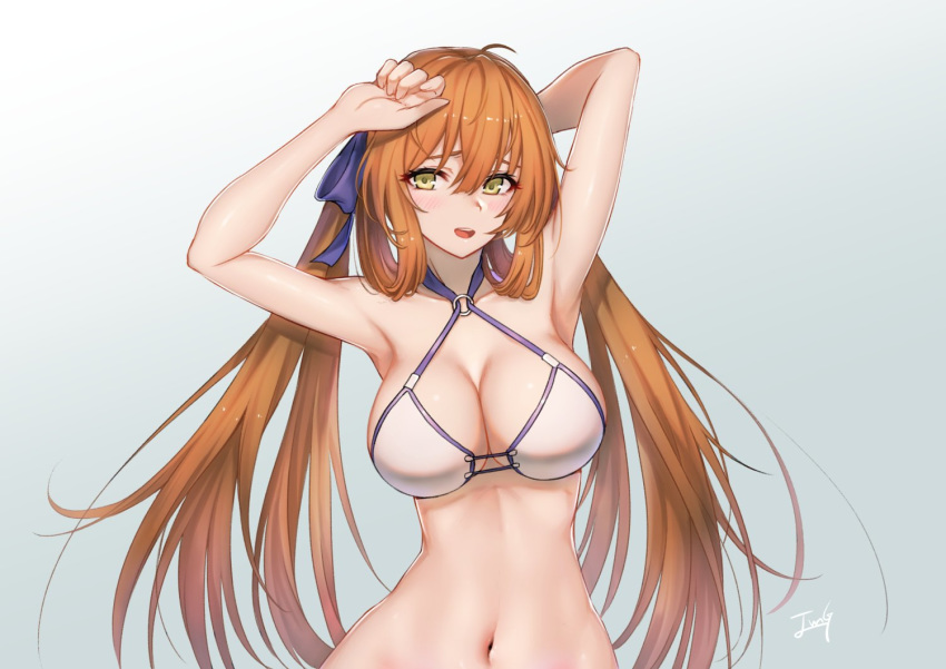 1girl alternate_costume armpits arms_up artist_name baek_hyang bangs bikini blue_ribbon blush breasts brown_hair cleavage collarbone crossed_bangs eyebrows_visible_through_hair girls_frontline gradient gradient_background green_eyes hair_between_eyes hair_ribbon hair_rings hand_behind_head hand_to_head large_breasts long_hair looking_at_viewer m1903_springfield_(girls_frontline) midriff navel o-ring o-ring_bikini o-ring_top open_mouth ribbon sidelocks simple_background smile solo stomach swimsuit teeth twintails white_bikini yellow_eyes