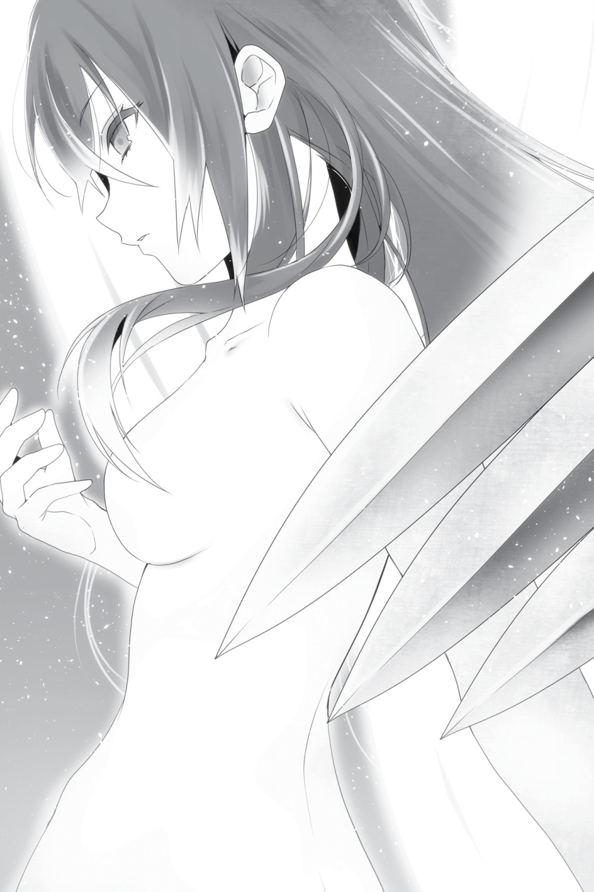 1girl breasts collarbone eyebrows_visible_through_hair floating_hair greyscale hair_between_eyes hair_over_breasts highres long_hair manyako_(mohumohu) medium_breasts monochrome novel_illustration nude official_art parted_lips root_avrora solo strike_the_blood upper_body wings