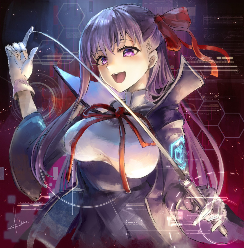 1girl bb_(fate)_(all) bb_(fate/extra_ccc) breast_cutout breasts fate/extra fate/extra_ccc fate/grand_order fate_(series) foil_(fencing) gloves hexagon high_collar highres kito_(kito2) large_breasts light_particles long_hair long_sleeves open_mouth purple_eyes purple_hair solo white_gloves
