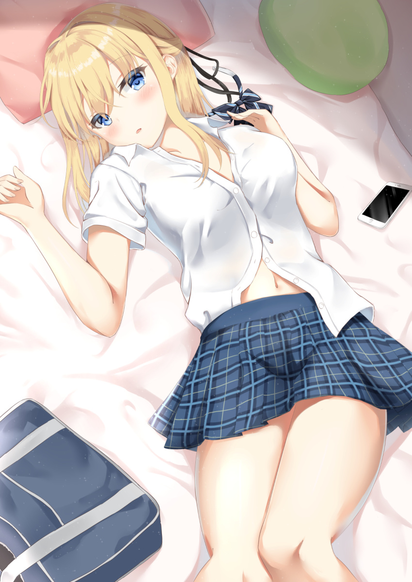 1girl bag bed_sheet black_neckwear blonde_hair blue_eyes blue_skirt blush bowtie_removed breasts cellphone collarbone collared_shirt hair_between_eyes highres kanade_pa long_hair looking_at_viewer lying medium_breasts miniskirt on_back original parted_lips phone plaid plaid_skirt pleated_skirt school_bag school_uniform shirt short_sleeves skirt smartphone solo striped striped_neckwear unbuttoned unbuttoned_shirt white_shirt wing_collar