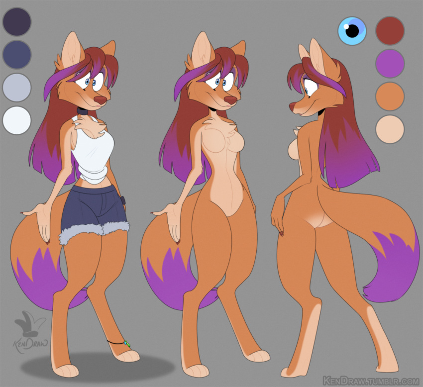 2018 4_fingers anthro b._wolf blue_eyes bottomwear breasts brown_hair brown_nose canid canine canis clothed clothing color_swatch cutoffs denim_shorts digital_drawing_(artwork) digital_media_(artwork) dipstick_tail featureless_breasts featureless_crotch female fur grey_background hair hair_highlights kendraw mammal midriff model_sheet multicolored_tail nude purple_highlights shorts simple_background small_breasts smile solo standing tan_fur url watermark wolf