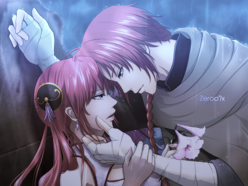 1boy 1girl against_wall bandaged_arm bandages blue_eyes braided_ponytail brother_and_sister earrings flower gintama hair_over_shoulder holding holding_flower imminent_kiss jewelry kagura_(gintama) kamui_(gintama) long_hair open_mouth ponytail profile rain red_hair shiny shiny_hair siblings sleeves upper_body white_flower zeroo7x