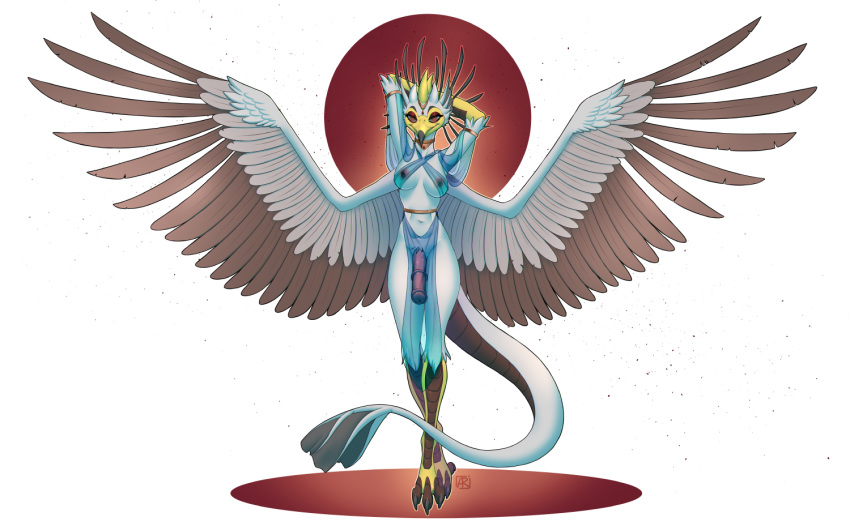 3_toes anthro avian beak bird breasts clothed clothing dickgirl feathered_wings feathers hybrid intersex midriff navel nipples rayley solo standing toes wings