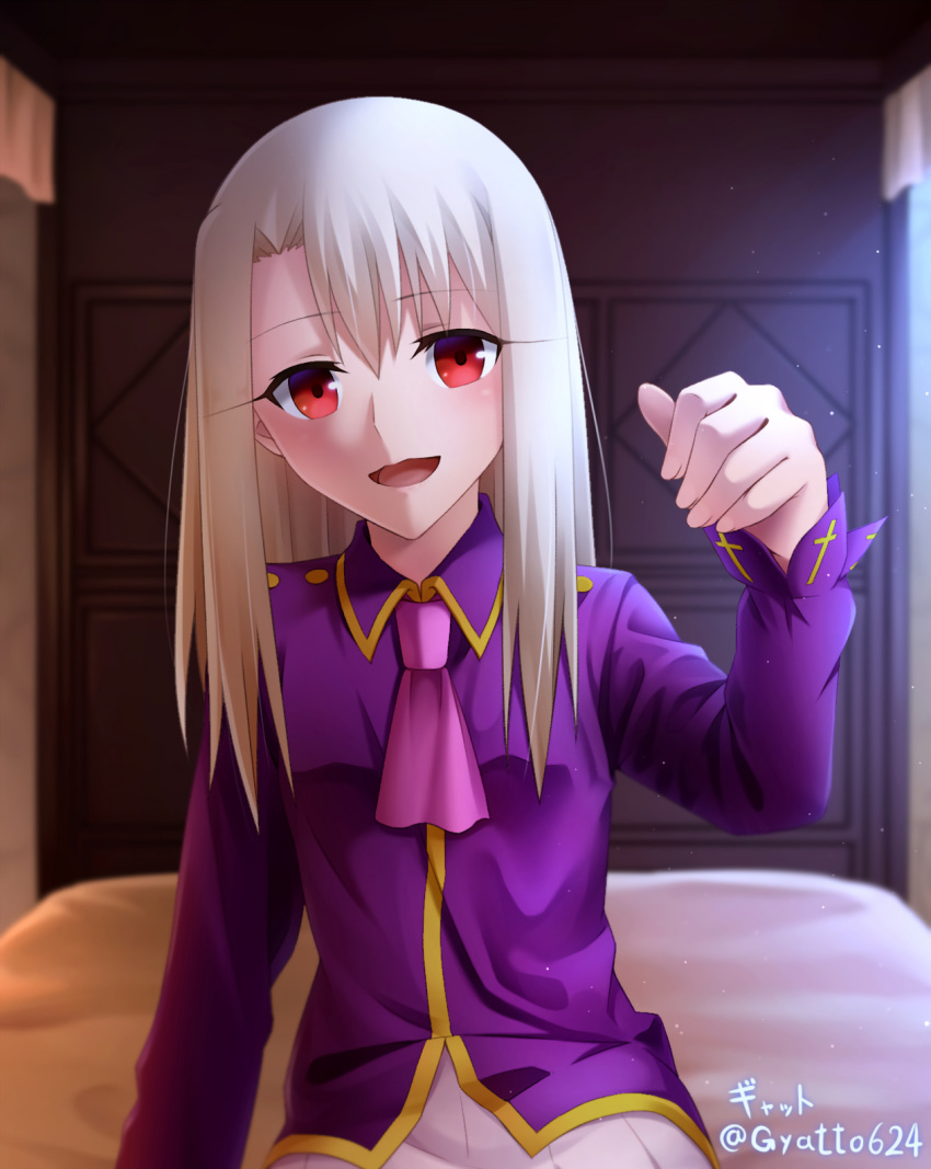 1girl :d bed_sheet bedroom collared_shirt dress_shirt eyebrows_visible_through_hair fate/stay_night fate_(series) gyatto624 hair_between_eyes head_tilt highres illyasviel_von_einzbern indoors long_hair long_sleeves looking_at_viewer on_bed open_mouth pink_neckwear pleated_skirt purple_shirt red_eyes shirt silver_hair sitting skirt smile solo twitter_username white_skirt wing_collar