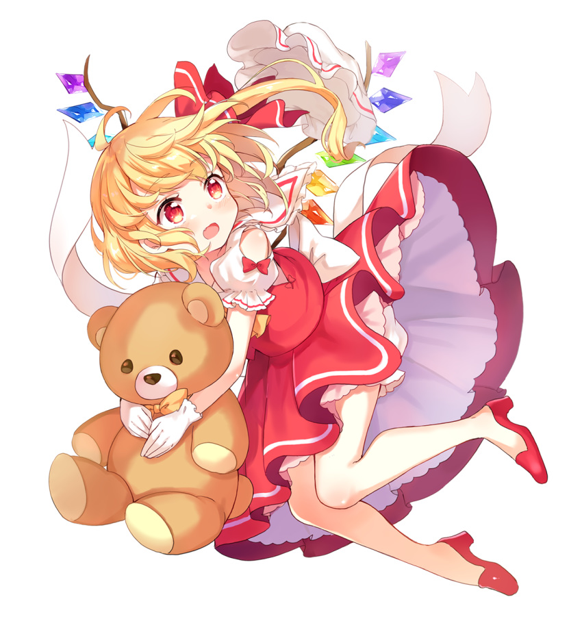 1girl ascot bangs bare_shoulders blonde_hair bloomers blush commentary_request crystal eyebrows_visible_through_hair flandre_scarlet full_body gloves hair_ribbon hat hat_removed headwear_removed high_heels highres holding holding_stuffed_animal long_hair mob_cap one_side_up open_mouth paragasu_(parags112) petticoat puffy_short_sleeves puffy_sleeves red_eyes red_footwear red_ribbon red_skirt red_vest ribbon shirt short_sleeves shoulder_cutout simple_background skirt skirt_set solo stuffed_animal stuffed_toy teddy_bear touhou underwear vest white_background white_bloomers white_gloves white_headwear white_shirt wings yellow_neckwear