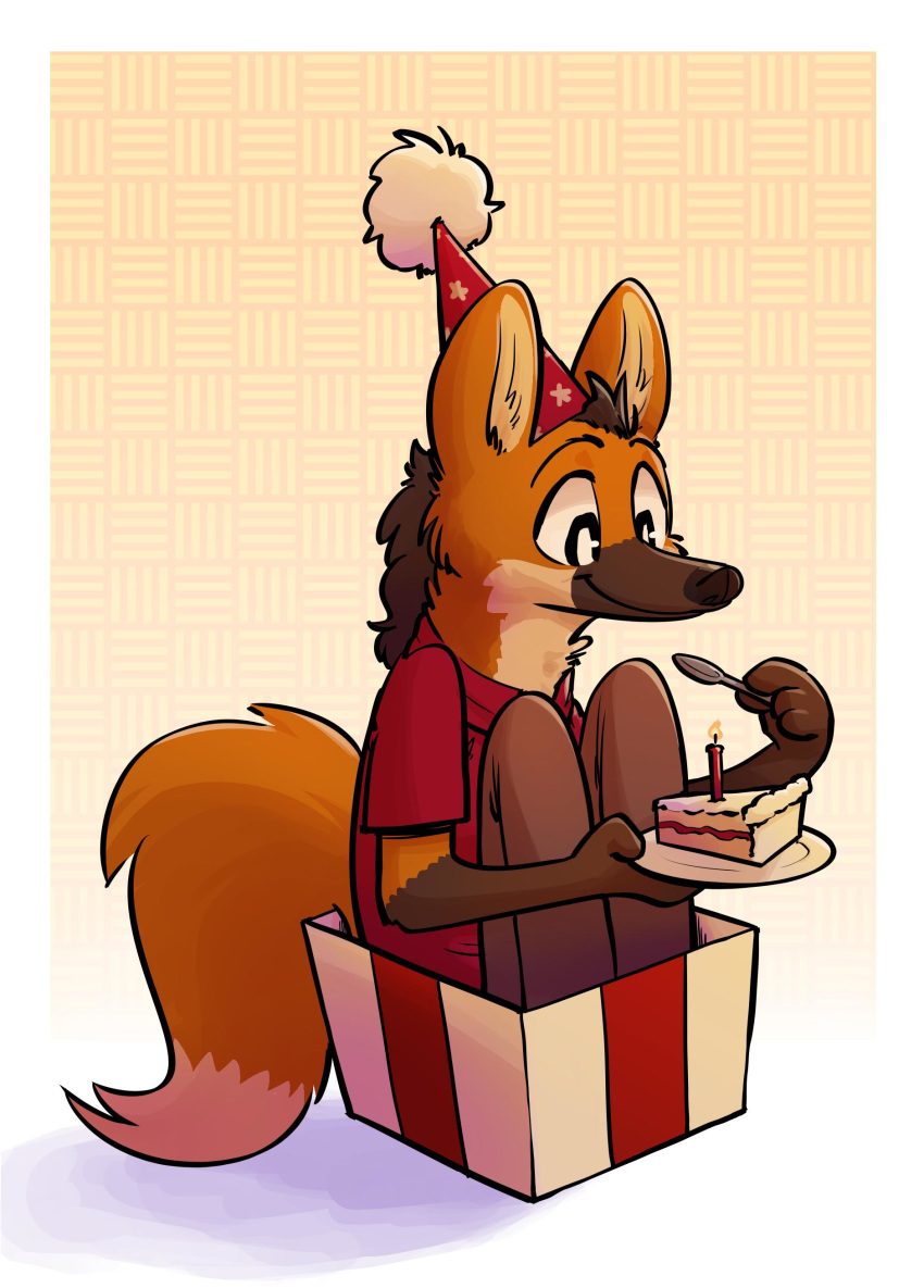 2019 absurd_res anthro border cake candle canid canine cheek_tuft clothed clothing cutlery dipstick_tail fire food fuel_(artist) gloves_(marking) gradient_background hat headgear headwear hi_res holding_object in_box kitchen_utensils lucas_(zootopia_fan_character) mammal maned_wolf markings multicolored_tail muzzle_(marking) neck_tuft party_hat pattern_background plate simple_background sitting solo spoon tools tuft white_border