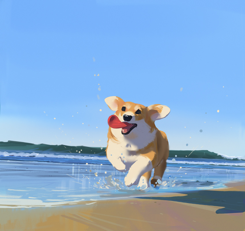 ambiguous_gender beach black_eyes blue_sky canid canine canis domestic_dog feral fur herding_dog mammal open_mouth pastoral_dog red_tongue running sand sea seaside sky snatti89 tan_fur tongue tongue_out water wave welsh_corgi white_fur