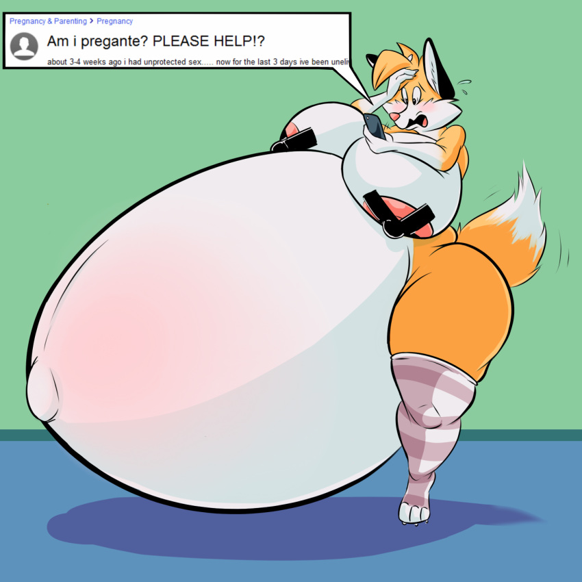 1:1 ?! anthro areola belly big_belly big_breasts blush breasts canid canine cellphone clothing dipstick_tail english_text female fox fur hi_res hoodah huge_breasts hyper hyper_belly hyper_pregnancy legwear mammal mostly_nude multicolored_tail navel nipple_outline nipple_tape open_mouth outie_navel pasties phone pregnant solo standing tape text thigh_highs white_fur zera_(titsunekitsune)