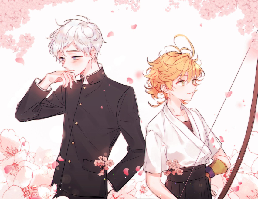 1boy 1girl ahoge armlet blue_eyes blush bow buttons cherry_blossoms closed_mouth collar commentary emma_(yakusoku_no_neverland) emma_is_emperor gloves green_eyes hand_in_pocket hand_up highres jacket japanese_clothes kimono long_sleeves looking_down looking_to_the_side norman_(yakusoku_no_neverland) orange_hair school_uniform short_hair simple_background smile uniform white_hair yakusoku_no_neverland