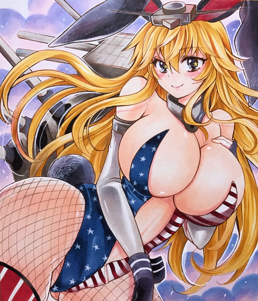 1girl absurdres alternate_costume animal_ears ass_visible_through_thighs bare_shoulders blonde_hair blush breasts bunny_ears bunny_girl bunny_tail bunnysuit drawing fishnet_pantyhose fishnets highres huge_breasts impossible_clothes iowa_(kantai_collection) kantai_collection long_hair pantyhose smile solo star star-shaped_pupils symbol-shaped_pupils tail twobee