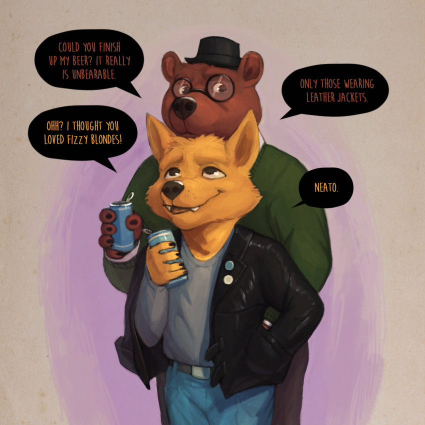 1:1 2019 5_fingers alcohol angus_delaney anthro beer beverage beverage_can biped black_jacket black_nose brown_fur canid canine claws clothed clothing couple_(disambiguation) dialogue duo english_text eyewear fox fully_clothed fur glasses gregg_lee grey_background hat headgear headwear hi_res humor jacket jeans leather leather_jacket looking_down looking_up male male/male mammal night_in_the_woods pants pun rov simple_background smile speech_bubble standing text topwear ursid video_games yellow_fur