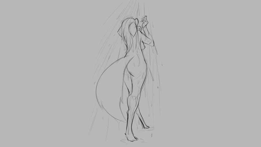 16:9 2018 anthro breasts butt canid canine canis digitigrade domestic_dog female grey_background hair long_hair mammal monochrome nipples nude rear_view shower simple_background solo standing watsup wet