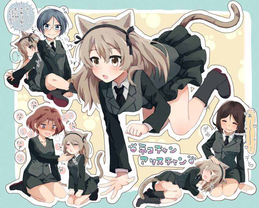 ... 4girls all_fours animal_ears arm_support azumi_(girls_und_panzer) back-to-back bangs black_footwear black_hair black_jacket black_neckwear black_ribbon black_skirt blue_eyes blush boots breasts brown_eyes brown_hair cat_ears cat_tail cleavage constricted_pupils cross-laced_footwear dress_shirt eyebrows_visible_through_hair fang female_pervert girls_und_panzer grey_eyes grey_hair hair_ribbon hand_on_another's_chin heavy_breathing highres indian_style jacket kemonomimi_mode kneeling lace-up_boots light_brown_hair long_hair long_sleeves looking_at_another looking_at_viewer looking_back lying medium_breasts megumi_(girls_und_panzer) military military_uniform miniskirt motion_lines multiple_girls necktie no_emblem no_shirt on_side one_side_up outline paw_print pencil_skirt pervert petting pleated_skirt print_bag ribbon round_eyewear rumi_(girls_und_panzer) seiza selection_university_military_uniform senta_(ysk_0218) shimada_arisu shirt sitting skirt spoken_ellipsis sweat swept_bangs tail trembling_penis uniform white_outline white_shirt